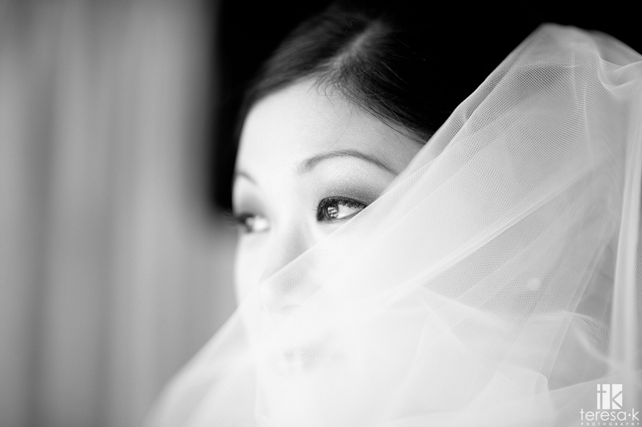 black and white bridal veil portrait